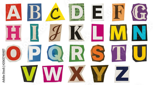 Set of alphabet letters cut out from magazines, ransom note style, isolated on transparent background