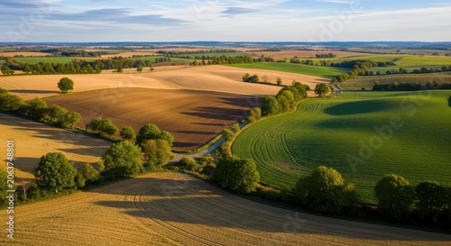 Rolling Farmland Hills Dotted With Trees Under Sunlight