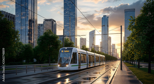 Modern electric tram moving through city street with skyscrapers at sunset