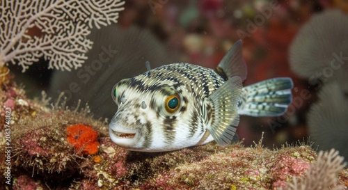 A curious pufferfish rests on a colorful coral reef underwater