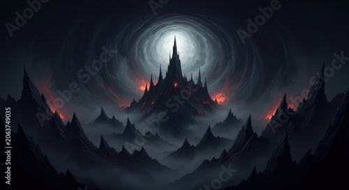 Dark Fantasy Castle on Jagged Mountains Under Ominous Stormy Sky