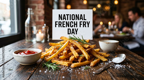 A pile of golden crispy french fries on a rustic wooden table for national french fry day