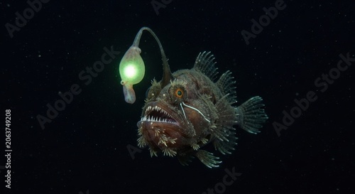 Mysterious Deep-Sea Anglerfish With Bioluminescent Lure Hunting in Darkness