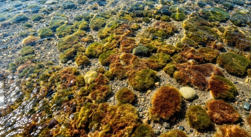 Textured Algae and Rocks Underwater in Shallow Water