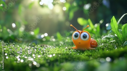 Cute animated snail in vibrant green forest with big eyes. A joyful character exploring nature in a sunny woodland setting.