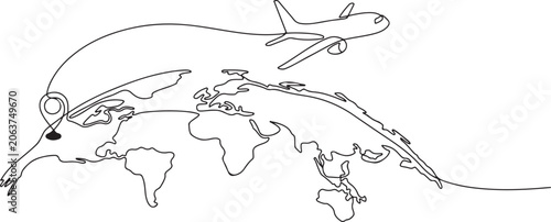 Continuous line drawing of airplane flying over world map, minimalist travel concept vector, global aviation and tourism illustration