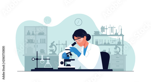 Foto Research Scientist Using Microscope in Laboratory, Medical Science and Biotechno