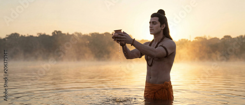 Lord Rama Standing In River During Morning Prayer And Ritual Worship generative ai