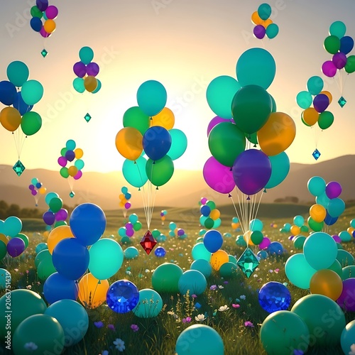 Vibrant colorful balloons floating over a dreamy sunset landscape.