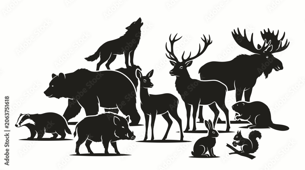 Fototapeta premium Black silhouettes of various African savannah animals.