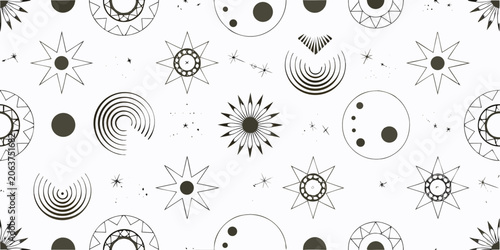 Fotografía Celestial Pattern With Suns Moons And Spirals Black On White