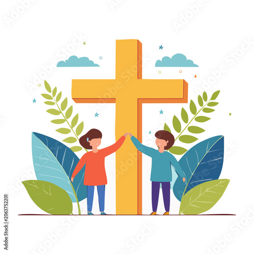 Two people holding hands in front of a large Christian cross