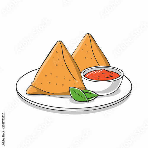 Two Samosas with Sauce and Leaves on a Plate