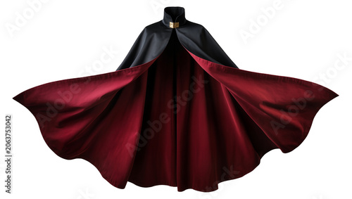 Fotografie Black and red velvet cape with gold clasp, isolated on transparent background