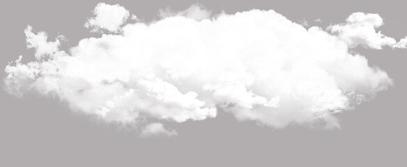 Massive dense white cumulus cloud cluster isolated on grey background. Highly detailed bright white storm cloud cutout for photo manipulation