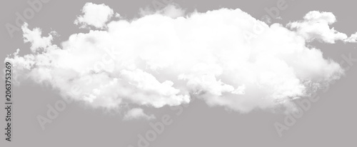 Massive dense white cumulus cloud cluster isolated on grey background. Highly detailed bright white storm cloud cutout for photo manipulation