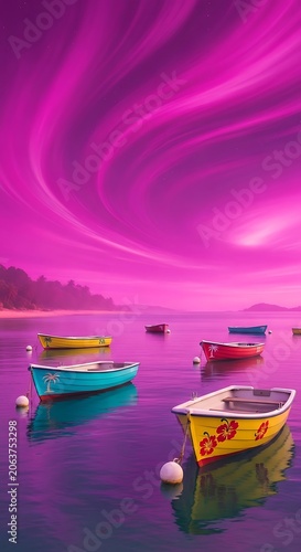 Vibrant Colorful Boats Floating on Calm Water Under a Surreal Pink Sky.