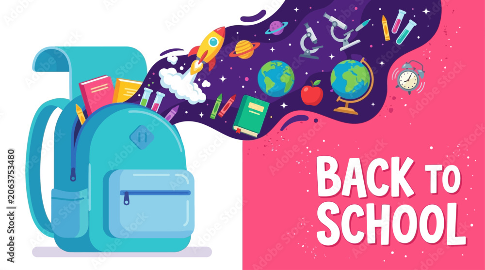 Naklejka premium A colorful illustration of a blue backpack with school supplies exploding out in a creative back to school design.