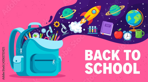 Schilderij op canvas A colorful illustration of a blue backpack filled with school supplies floating