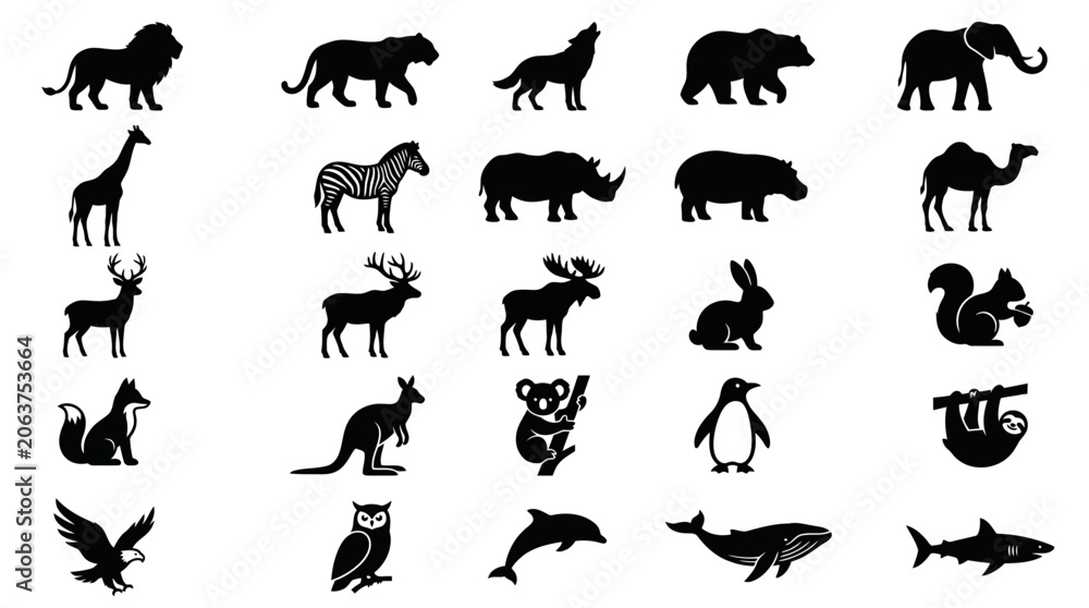 Fototapeta premium Silhouettes of various African savanna animals.