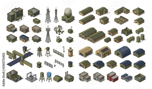 Fotografía Low Poly Military Base Buildings Vector Icon Set for City Illustration