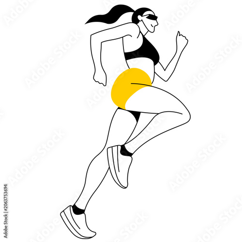 Minimalist vector line art illustration of a woman running. Female athlete jogging, active lifestyle concept, isolated on white.
