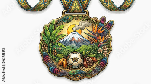 Soccer Medal with Ecuadorian Sports Emblem, Mountain Volcano Landscape, Greenery and Ball, Ornate Award Icon for Marketing and Events