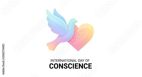 Gradient dove and heart icon representing peace and love for the international day of conscience event in this colorful illustration