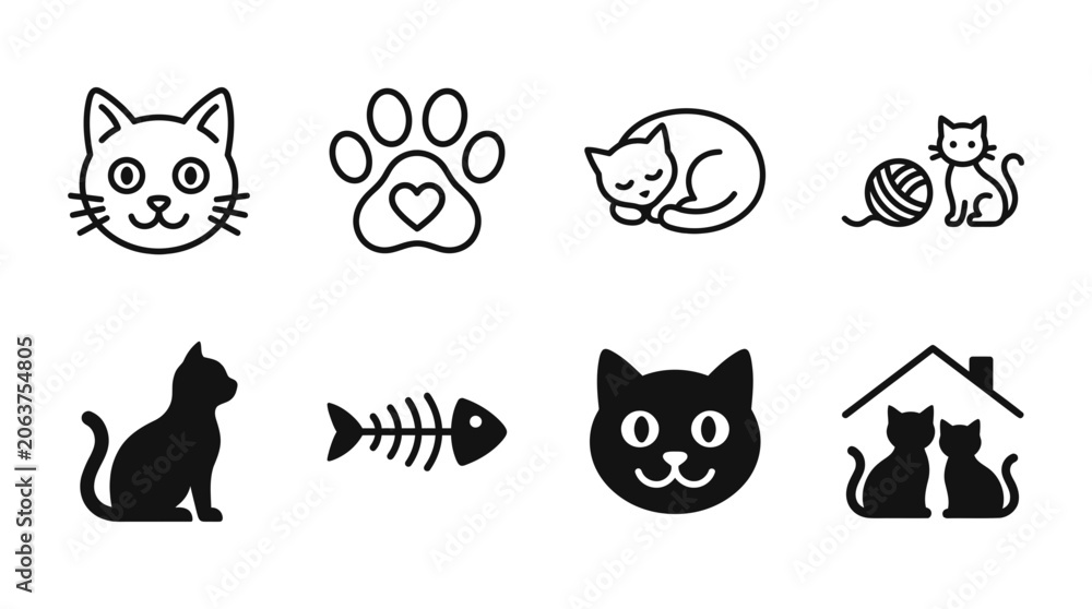 Fototapeta premium Set of cat icons featuring cute feline faces paws heart sleeping poses playing with yarn and home silhouettes, sleeping