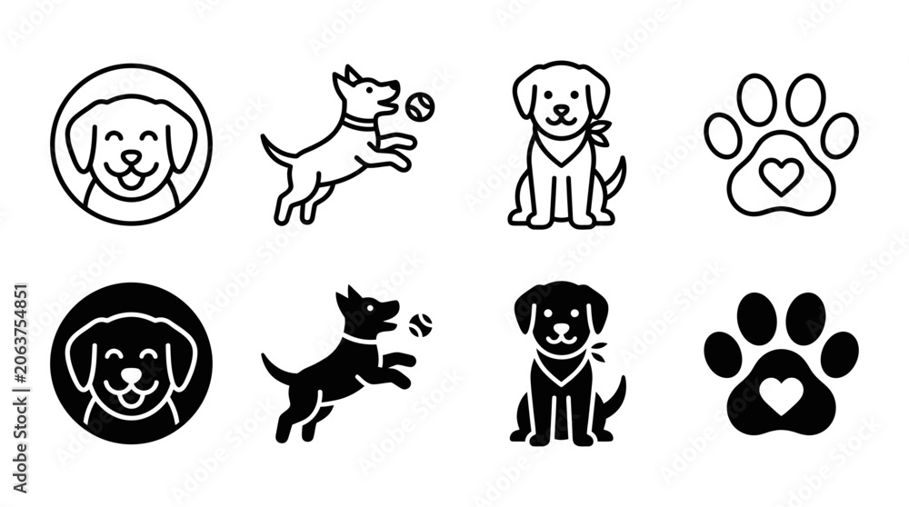 Obraz premium Collection of dog and puppy icons showing happy canine faces jumping for ball bandanna wearing pets and paws
