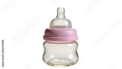 Clear glass baby bottle with pink cap and nipple, isolated on transparent background