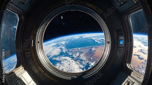 View of the planet from a circular window in outer space