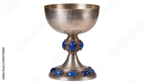 Obraz na plátně Ornate silver chalice with blue gemstones, isolated on transparent background