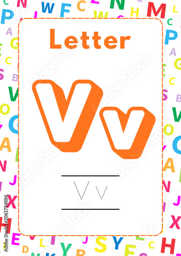 Vibrant alphabet flashcard for kids to learn letter V, with uppercase and lowercase forms for tracing and recognition, ideal for preschool and kindergarten literacy practice