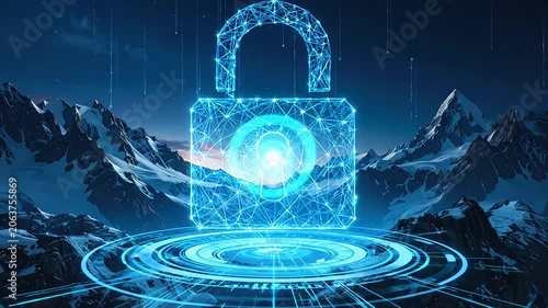A glowing digital padlock floats above a snowy mountain range