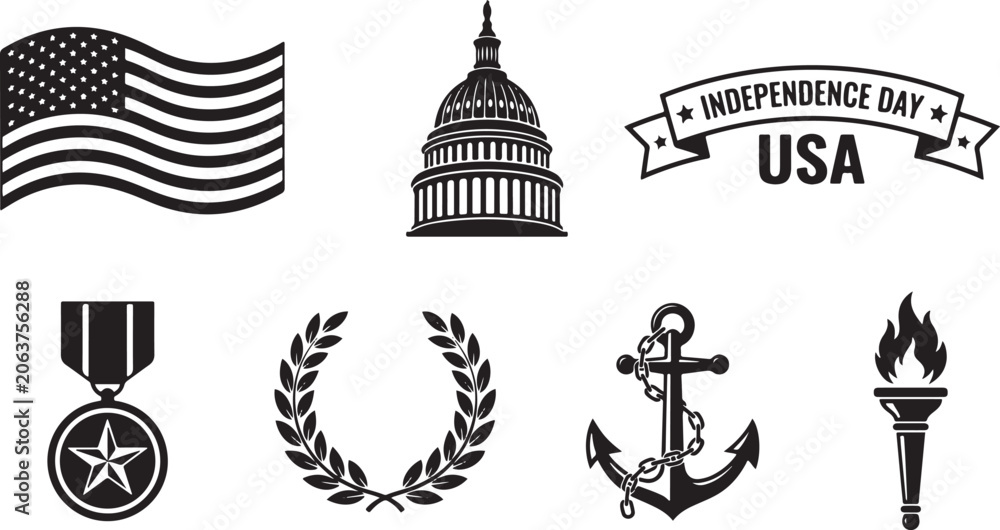 Naklejka premium Patriotic collection of fourth july elements containing american flag and government buildings for national celebration independence day events.
