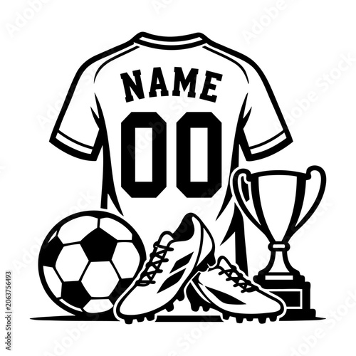 Soccer Jersey SVG. Custom Soccer Jersey With Ball Cleats Trophy and Player Number Design