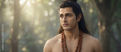 Divine Lord Rama Standing In Sacred Forest With Spiritual Serenity generative ai