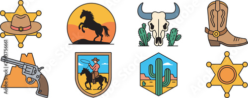 Set of western themed cowboy and desert badge vector icons isolated collection representing cowboy culture, desert landscapes and vintage rodeo emblems for themed events, posters 