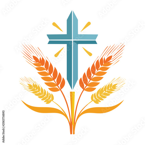 Christian cross with wheat stalks and rays