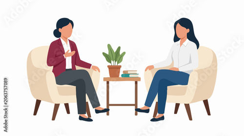 Two women discussing in chairs with table, counseling or business meeting