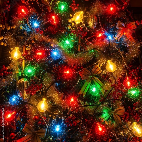 Vibrant Colorful Christmas Tree Lights Background.