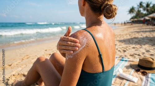 Close Up Sun Protection Routine on Tropical Beach with Sunscreen Applied to Shoulders