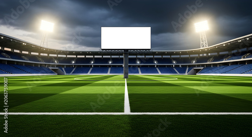 Empty stadium with green grass field and large blank scoreboard under dramatic cloudy sky