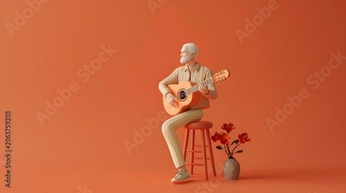 A rock musician in red and white playing an electric guitar while a man sits on a chair and another sits on a ladder in a music scene