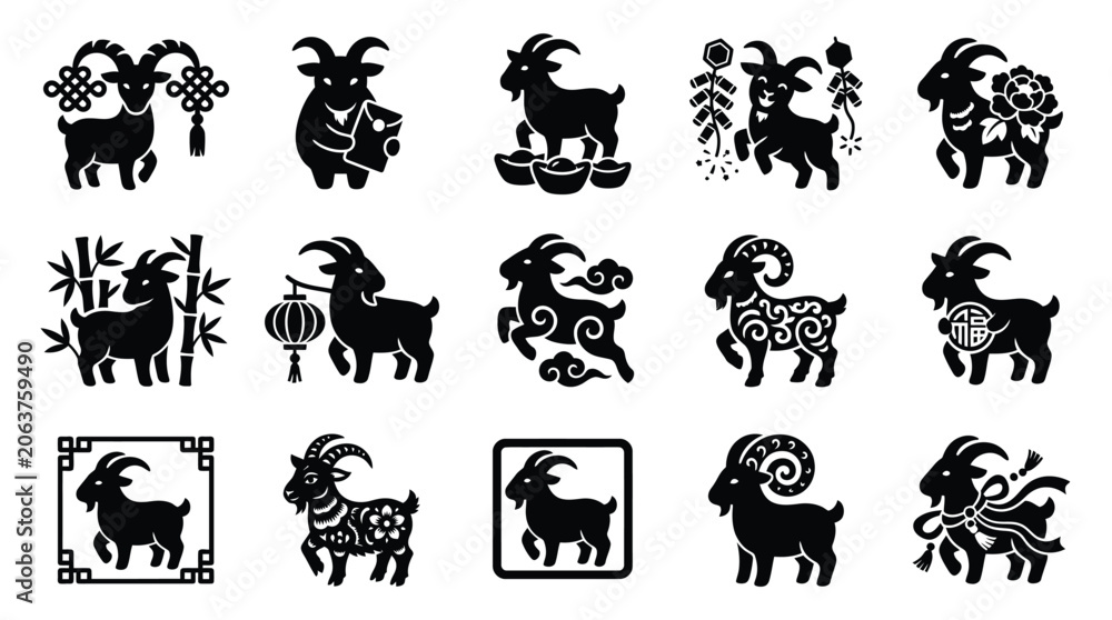 Obraz premium Collection of Chinese Zodiac Goat Silhouettes with Traditional Decorative Elements.