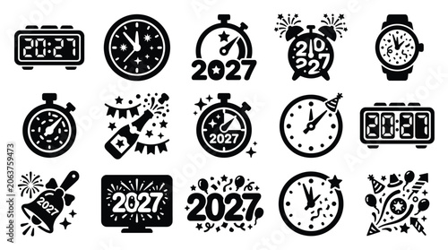 Canvas Print New Year's Eve celebration icons for 2027, including clocks, champagne, bells, and fireworks