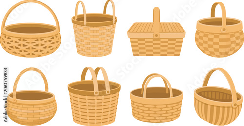 Canvastavla Set of woven wicker baskets and picnic hamper vector icons isolated collection f