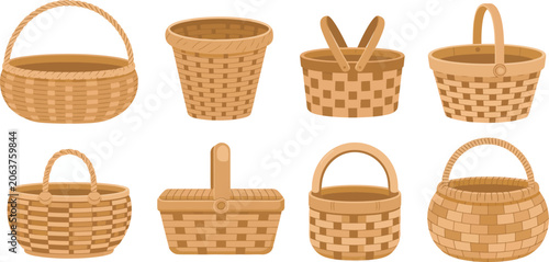 Konstfotografi Set of woven wicker baskets and picnic hamper vector icons illustration representing outdoor dining, picnic lifestyle and rustic storage container concepts