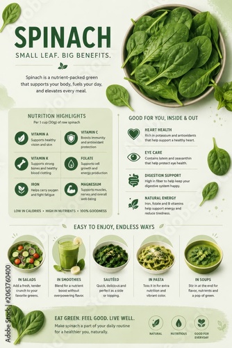 Spinach infographic highlighting health benefits and recipes